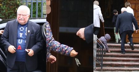 "Miłosierny" Lech Wałęsa wręcza dziecku dziesięciozłotowy banknot, po czym zatapia się w modlitwie (ZDJĘCIA)
