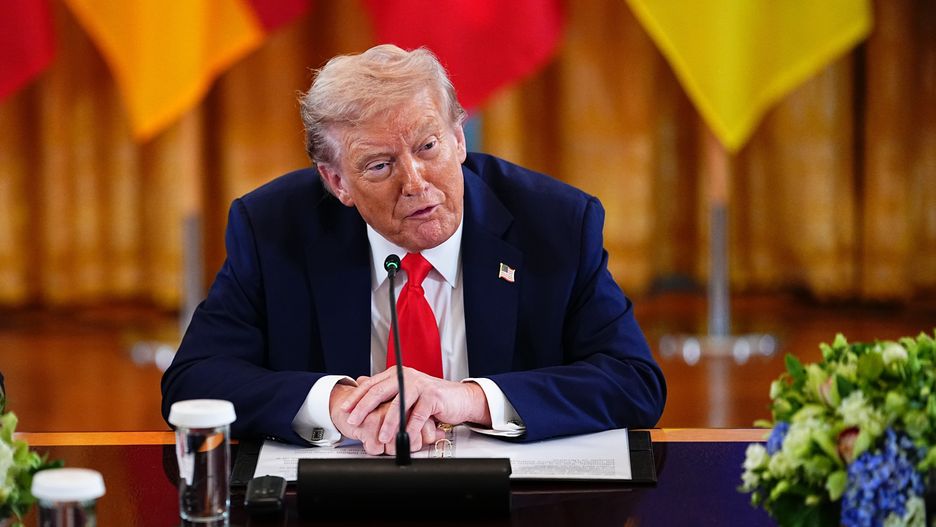 US President Donald Trump speaks during a multilateral meeting with European leaders in the East Room of the White House in Washington, DC, US, on Monday, Aug. 18, 2025. Trump said he hoped to secure an agreement for a trilateral meeting with Vladimir Putin and Ukrainian President Volodymyr Zelenskiy as he welcomed the Ukrainian leader to the White House for high-stakes talks on bringing an end to Russia's war on Ukraine. Photographer: Aaron Schwartz/CNP/Bloomberg via Getty Images