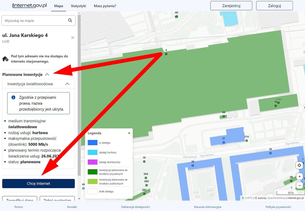 Szczegółowe informacje o dostępie do internetu w danej lokalizacji