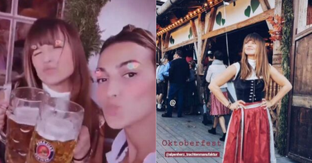 Anna Lewandowska w bawarskim stroju delektuje się zimnym piwkiem na Oktoberfest