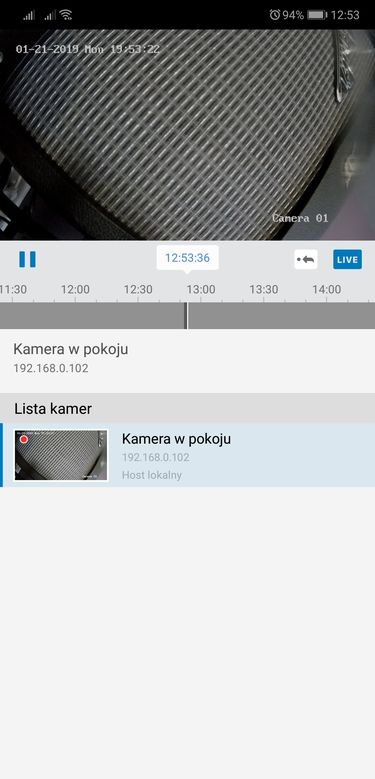 Synology DS Cam na Androidzie: podgląd z wybranej kamery i oś czasu.