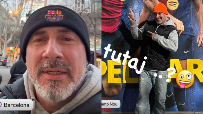 Jacek Kopczyński całuje się z partnerką w Barcelonie