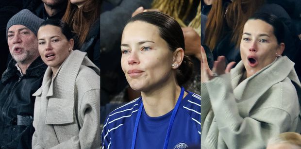 Pozbawiona makijażu Adriana Lima kibicuje ulubionej drużynie piłkarskiej na stadionie w Paryżu