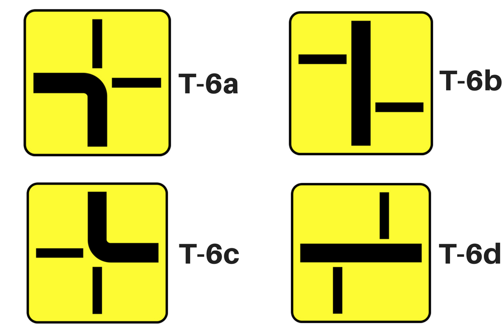 Tabliczki do znaków drogowych: T-6a tabliczki wskazujące przebieg drogi z pierwszeństwem przez skrzyżowanie (umieszcza się je na drodze z pierwszeństwem), T-6b tabliczki wskazujące układ dróg podporządkowanych (umieszcza się je na drodze z pierwszeństwem), T-6c tabliczki wskazujące przebieg drogi z pierwszeństwem przez skrzyżowanie (umieszcza się je na drodze podporządkowanej), T-6d tabliczka wskazująca prostopadły przebieg drogi z pierwszeństwem przez skrzyżowanie oraz układ dróg podporządkowanych (umieszcza się je na drodze podporządkowanej)