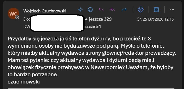 E-mail Wojciecha Czuchnowskiego do pracowników Agory. 