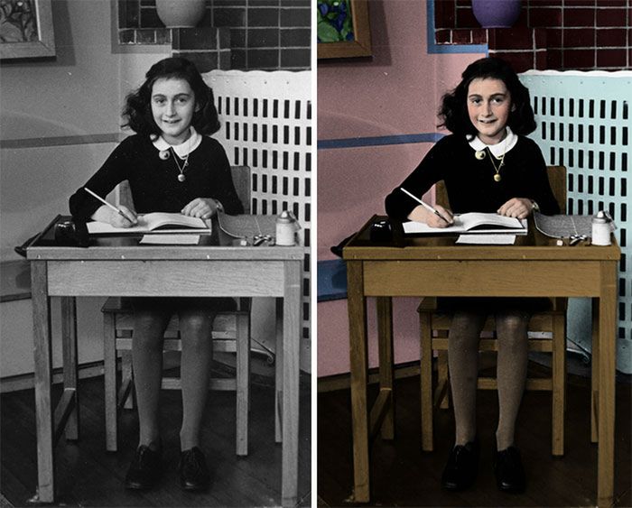 b/z Annelies Marie "Anne" Frank, dziewczynka narodowości żydowskiej, która pisała dzienniki z okresu wojny. Przez 2 lata ukrywała się w Amsterdamie, po czym została złapana i przewieziona do obozu Auschwitz-Birkenau, a w 1944 do Bergen-Belsen, gdzie zmarła w lutym 1945 roku.