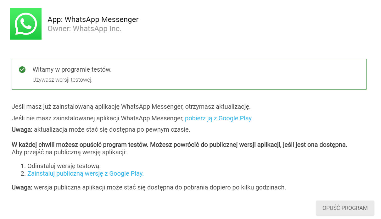 Aby korzystać z testowego WhatsAppa, trzeba dołączyć do grona betatesterów, tu na przykładzie Androida, źródło: Sklep Play.