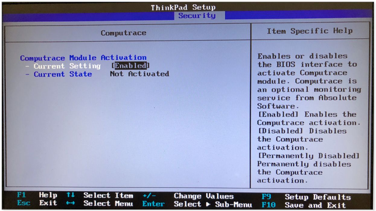 Ustawienia Computrace w oprogramowaniu jednego z ThinkPadów, źródło: Eset