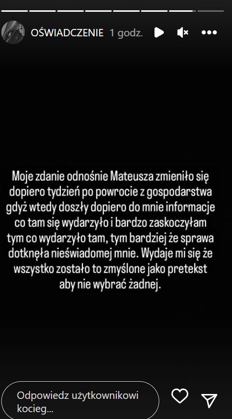 Zuza przedstawiła swoją wersję tego, co działo się na gospodarstwie Mateusza