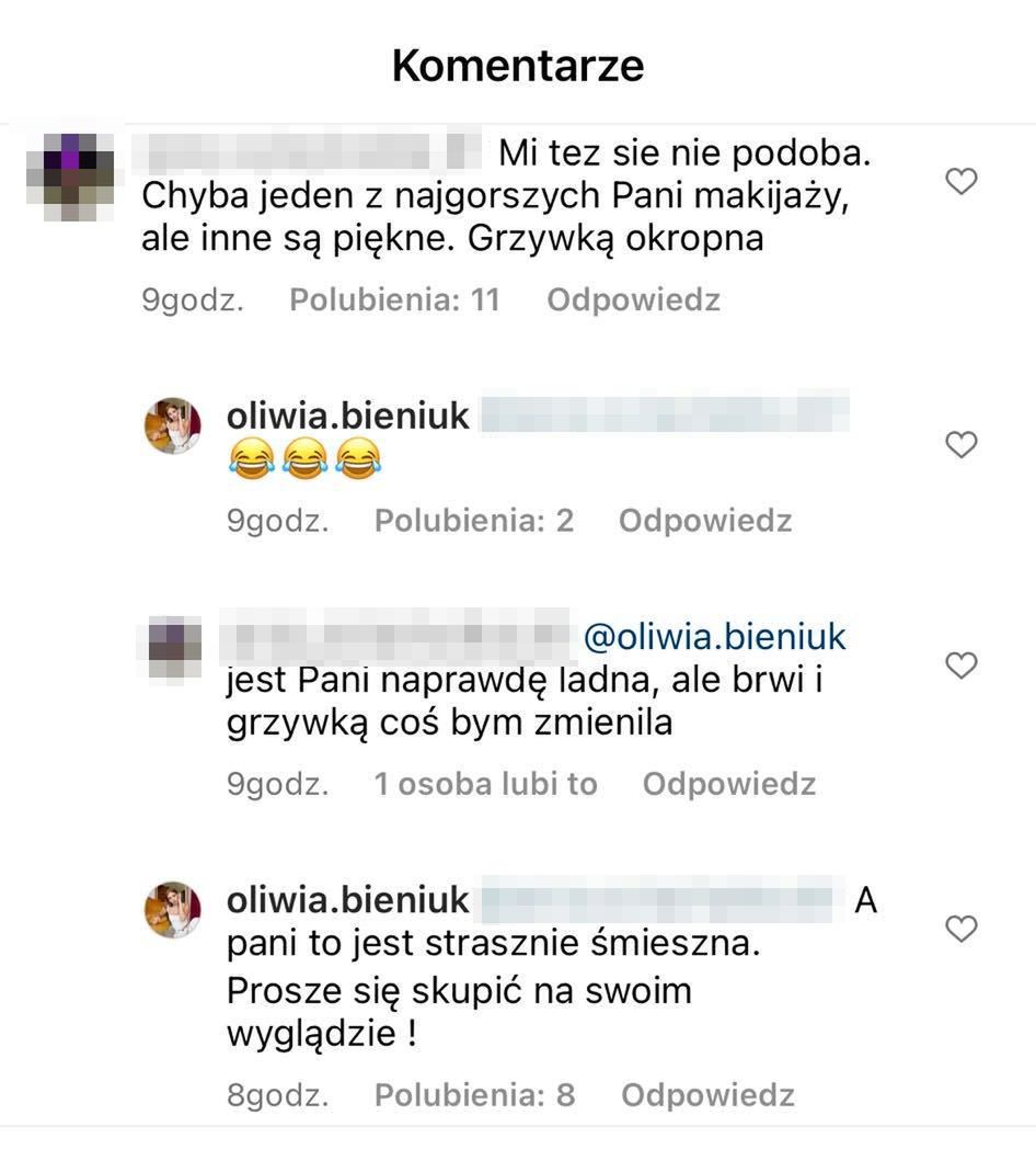 Komentarze pod nagraniem Oliwii Bieniuk