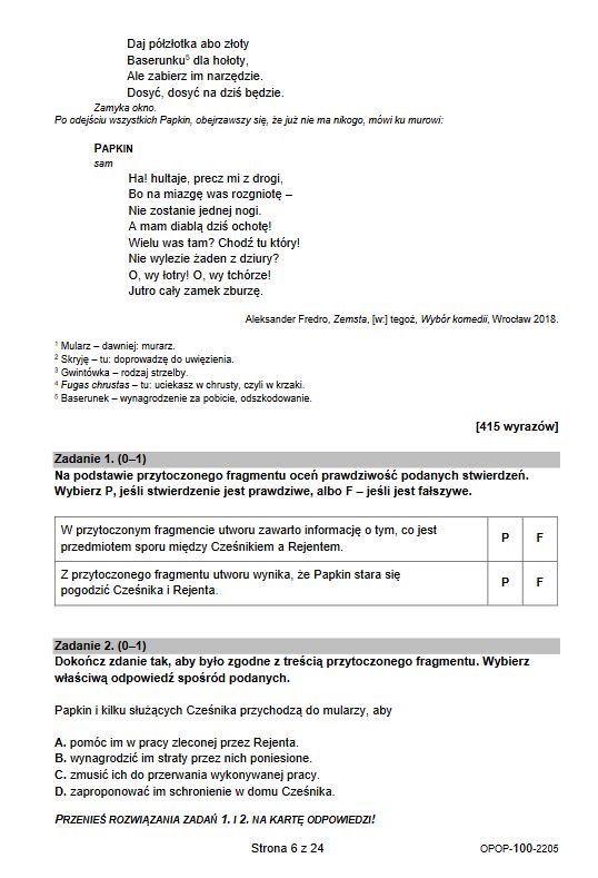 Arkusz egzaminacyjny z j. polskiego 2022 r.