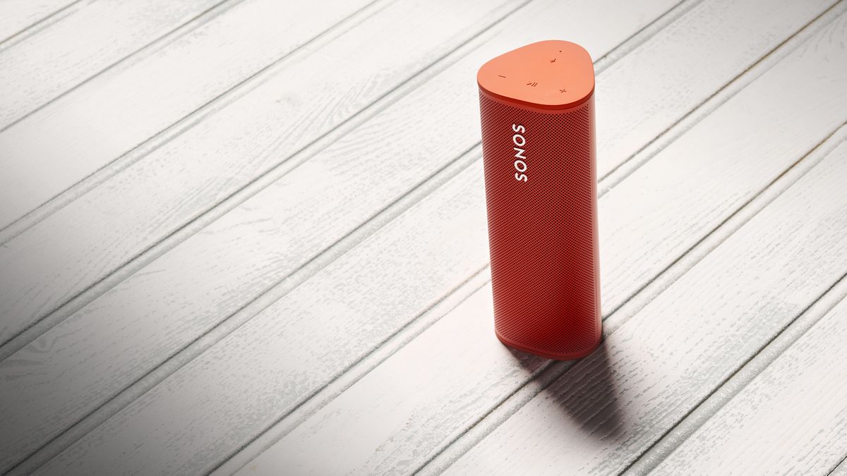 Close up of a red wireless portable Sonos Bluetooth speaker on white background. (Photo by Future Publishing via Getty Images)