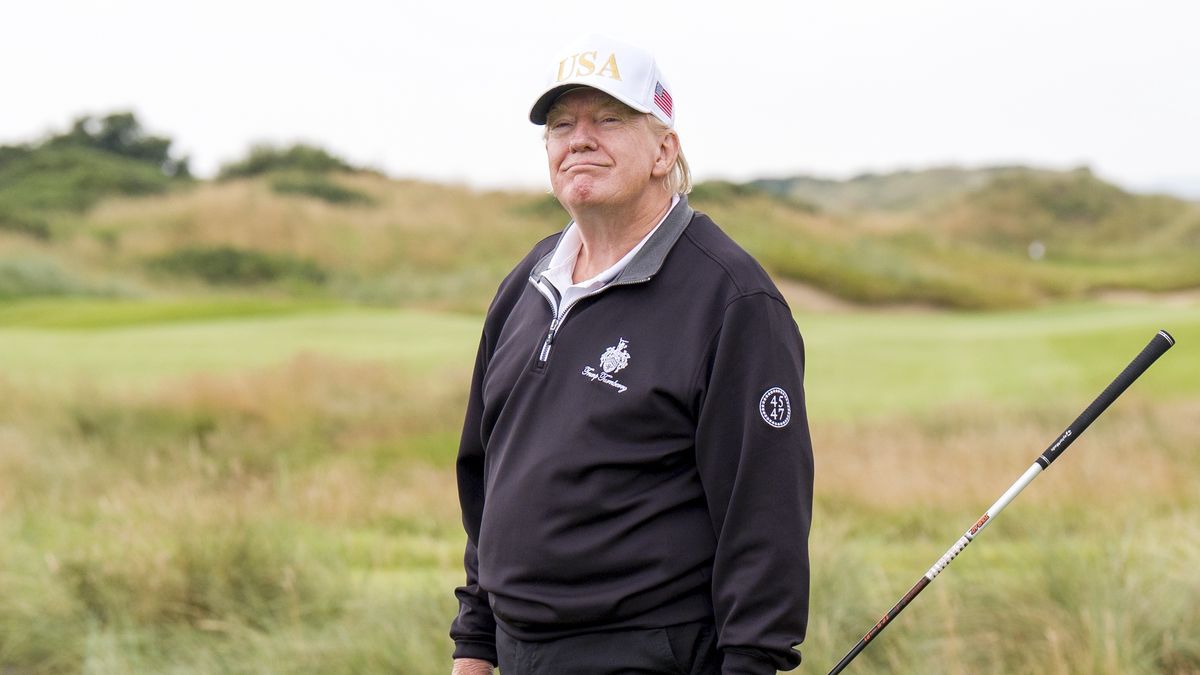 US President Donald Trump, on the first tee during the official opening of the New Course, the second championship course at Trump International Golf Links, on the Menie Estate in Balmedie, Aberdeenshire. The president is opening up a new course dedicated to his Scottish mother, who grew up on the Isle of Lewis, as part of his five-day private trip to the country. Picture date: Tuesday July 29, 2025. (Photo by Jane Barlow/PA Images via Getty Images)