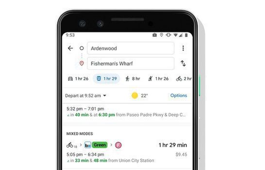 Google Maps zaplanuje trasy różnymi środkami transportu. W Polsce tylko opcja komunikacji miejskiej i rowerów