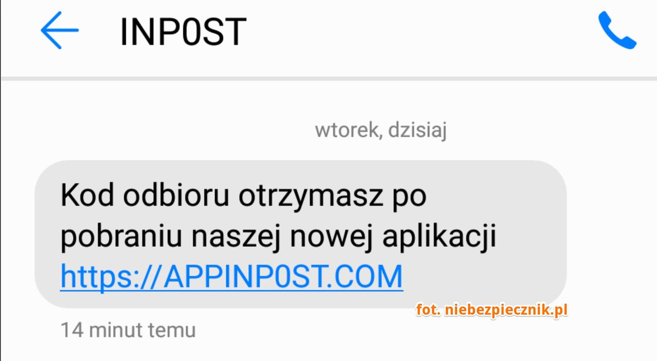 Oszuści zachęcają w SMS-ach do odwiedzenia spreparowanej strony inPostu, fot. Niebezpiecznik.