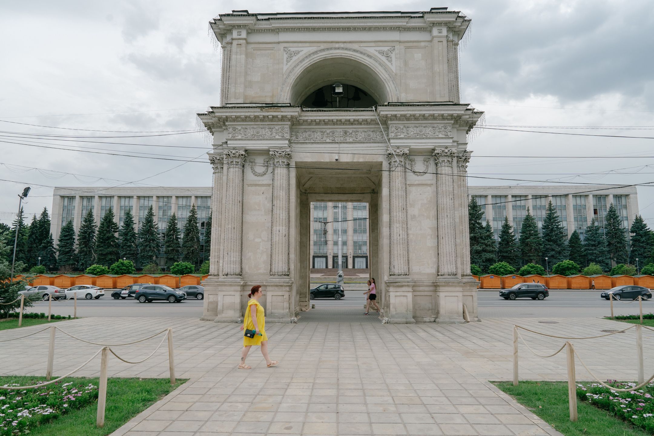The Triumphal Arch at Great National Assembly Square and Government House in Chisinau, Moldova, on Monday, June 10, 2024. Moldova is part of a widening movement among former Soviet states to overcome pressure from Moscow and pivot westward, with the autonomous region of Gagauzia a symbol of the complex struggle for nations to break free of the Kremlin's grip. Photographer: Andrei Pungovschi/Bloomberg via Getty Images