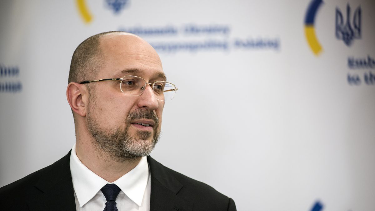 Warszawa 05.05.2022 N/Z Denys Szmyhal, premier Ukrainy podczas konferencji prasowej w ambasadzie Ukrainy w Warszawie.