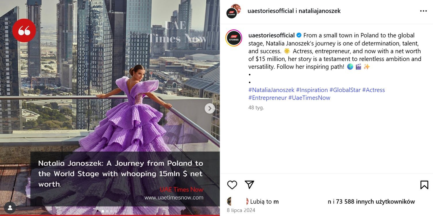 Wpis o Natalii Janoszek na Instagramie