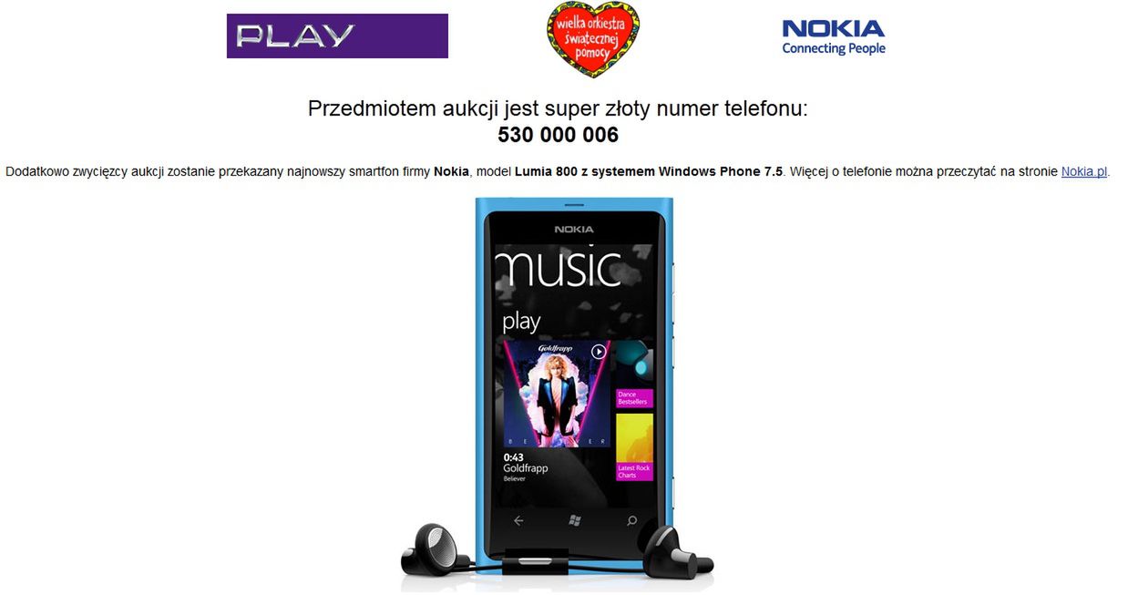 Złoty numer Play i Nokia Lumia 800 na aukcjach WOŚP