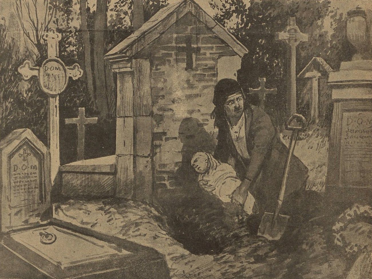 Matka zakupująca swoją nieślubne córeczkę żywcem na cmentarzu. Ilustracja z 1922 roku 