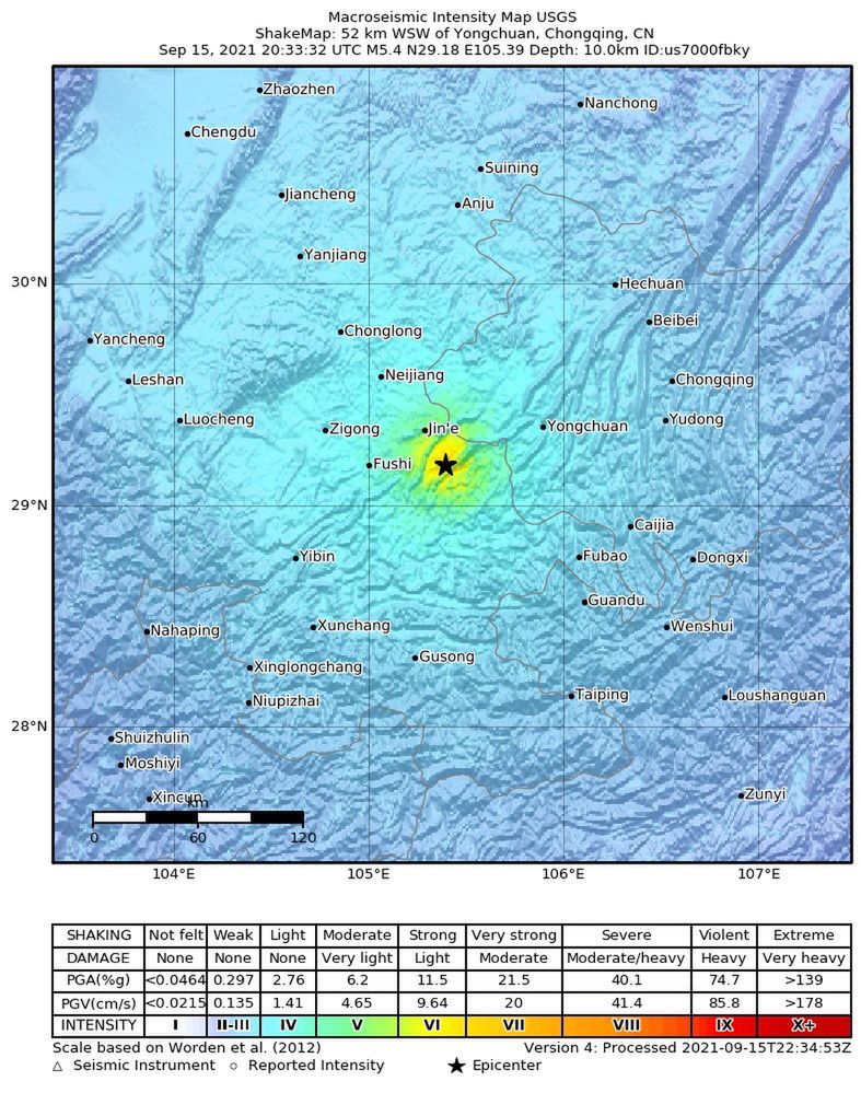 5.4-magntiude earthquake hits Sichuan, Chinaepa09470846 A handout shakemap made available by the United States Geological Survey (USGS) shows the location of a 5.4-magnitude earthquake hitting Sichuan, China, 16 September 2021.  EPA/USGS HANDOUT  HANDOUT EDITORIAL USE ONLY/NO SALES Dostawca: PAP/EPA.USGS HANDOUT