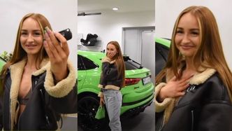 Angelika Mucha ekscytuje się odbiorem pierwszego samochodu. Dobrała buty i torebkę Balenciagi pod kolor lakieru...