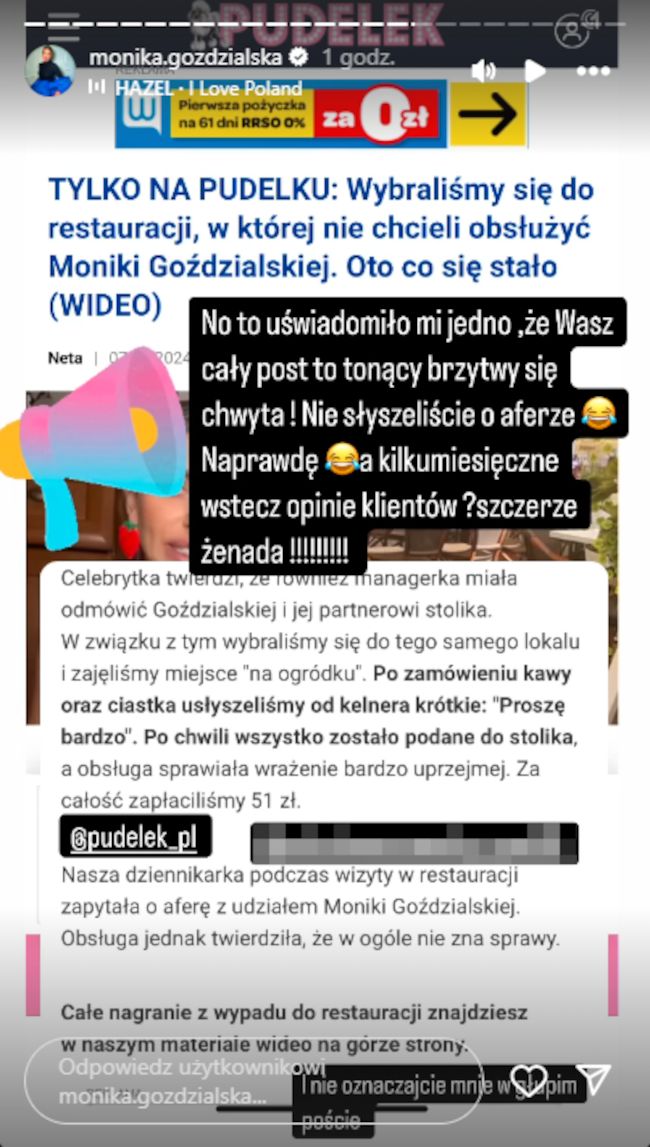 Monika Goździalska nie odpuszcza warszawskiej knajpie