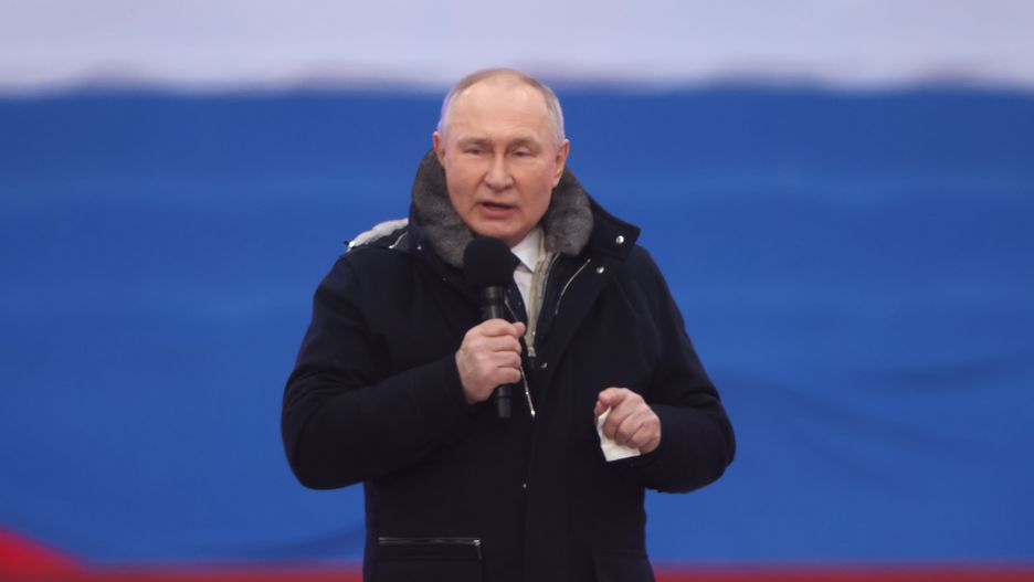 MOSCOW, RUSSIA - FEBRUARY 22:  (RUSSIA OUT) Russian President Vladimir Putin speaks during a concert in Luzhniki Stadium on February 22, 2023 in Moscow, Russia. Thousands of people gathered at the Moscow stadium for a pro-Putin rally marking 'Defender of the Fatherland Day' as well as the first anniversary of Russia's military invasion of Ukraine. (Photo by Contributor/Getty Images)