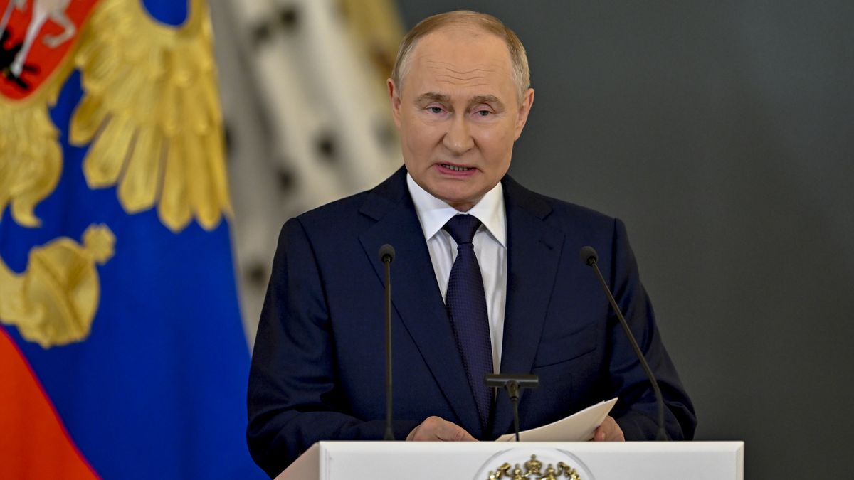 MOSCOW, RUSSIA - JULY 09: Russian President Vladimir Putin speaks during the award ceremony as he awards the Order of St. Andrew to Indian Prime Minister Narendra Modi (not seen) for his contributions to the relations between the two countries in Moscow, Russia on July 09, 2024. Delegations from both nations attended the award ceremony in the capital on Tuesday, July 9. The Order of St. Andrew was the highest honor of the Russian Empire, awarded to the Imperial Family, ambassadors, and servants of the state. (Photo by Sefa Karacan/Anadolu via Getty Images)