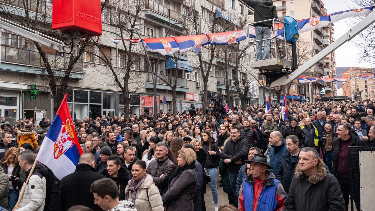 Thousands of Serbian citizens are gathering in the main street of North Mitrovica, Kosovo, on February 12, 2024, to demonstrate against the decision of the Central Bank of Kosovo to ban the Serbian dinar in the country. (Photo by Matteo Placucci/NurPhoto via Getty Images)