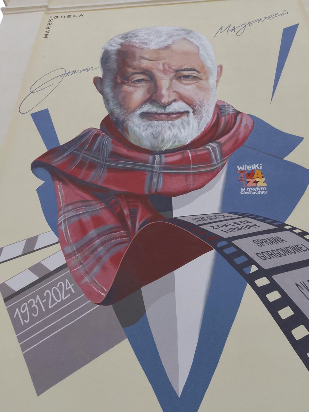 Ciechocinek. Mural przedstawiający reżysera - Janusza Majewskiego, który w Ciechocinku nakręcił swój film - Excentrycy, czyli po słonecznej stronie ulicy