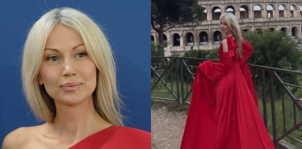 Magdalena Ogórek zamiata rzymskie ulice w krwistoczerwonej sukni. "Bellissimo"