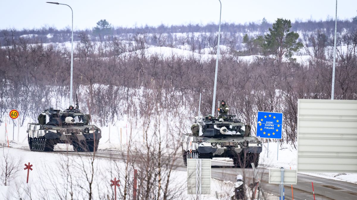 KIVILOMPOLO, FINLAND - MARCH 09: Members of the Finnish Army drive Leopard tanks in an exchange of fire with "enemy troops" during a training exercise, visible to the media, on the Finland/Norway border during the Nordic Response military exercise on March 09, 2024 in Kivilompolo, Finland. The exercise, which primarily takes place across Scandinavia from March 3-14, features 20,000 troops from 13 allied countries. Following the recent NATO expansion, the group now includes Finland and Sweden. (Photo by Leon Neal/Getty Images)