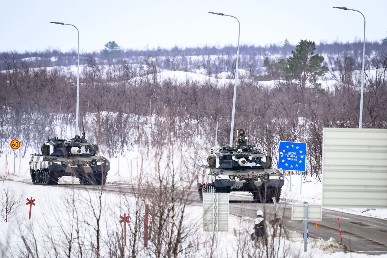 KIVILOMPOLO, FINLAND - MARCH 09: Members of the Finnish Army drive Leopard tanks in an exchange of fire with "enemy troops" during a training exercise, visible to the media, on the Finland/Norway border during the Nordic Response military exercise on March 09, 2024 in Kivilompolo, Finland. The exercise, which primarily takes place across Scandinavia from March 3-14, features 20,000 troops from 13 allied countries. Following the recent NATO expansion, the group now includes Finland and Sweden. (Photo by Leon Neal/Getty Images)