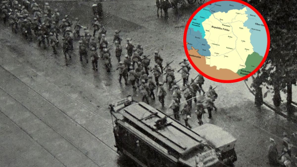 Na zdjęciu: rosyjskie wojska na ulicach Warszawy w 1915 r. oraz mapa Polski z listopada 1918