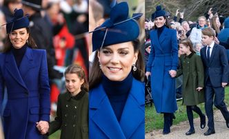 Kate Middleton w granatowym "total looku" zadaje szyku podczas świątecznego spaceru z księciem Williamem, dziećmi i gromadą royalsów (ZDJĘCIA)