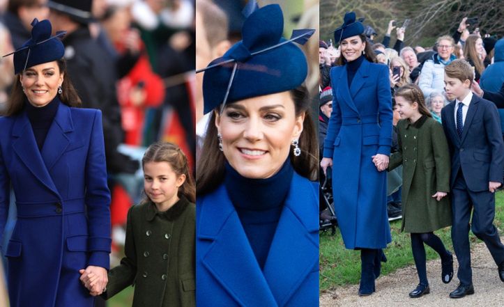 Kate Middleton w granatowym "total looku" zadaje szyku podczas świątecznego spaceru z księciem Williamem, dziećmi i gromadą royalsów (ZDJĘCIA)