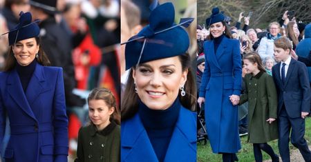 Kate Middleton w granatowym "total looku" zadaje szyku podczas świątecznego spaceru z księciem Williamem, dziećmi i gromadą royalsów (ZDJĘCIA)