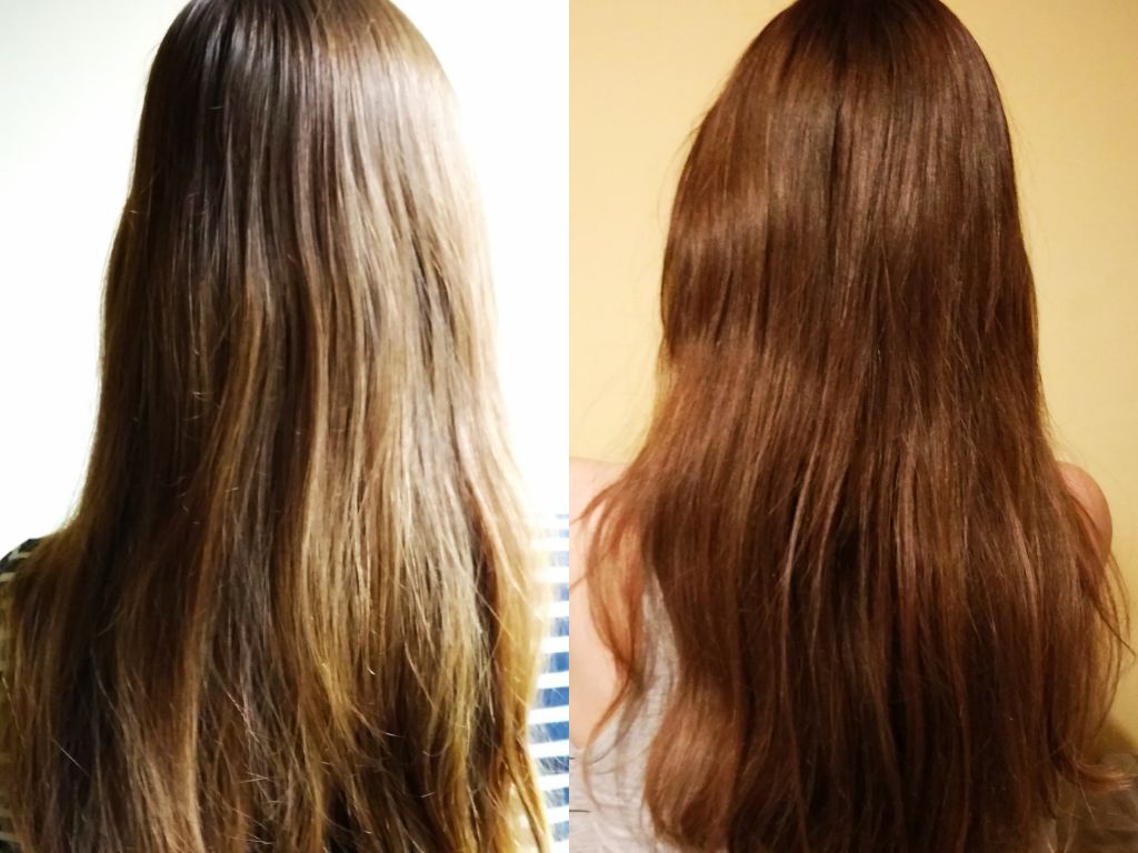 Po lewej stronie włosy przed rozpoczęciem kuracji. Po prawej po dwóch tygodniach stosowania płukanki octowej