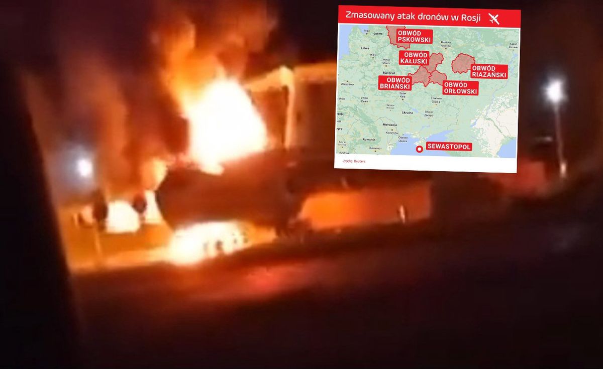 Płonący rosyjski myśliwiec trafiony dronem na lotnisku w Pskowie