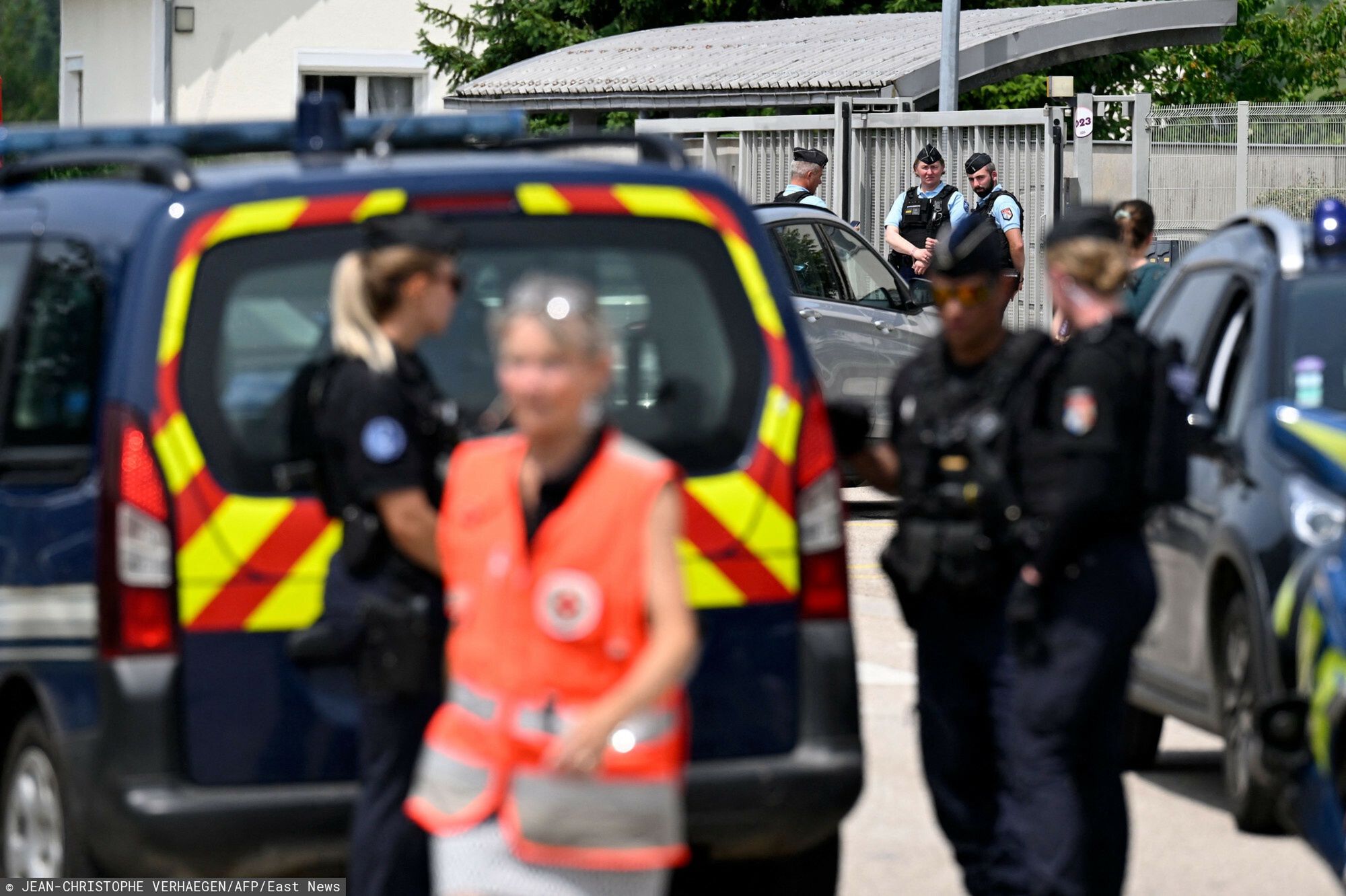 Temporary
French gendarmes control the access to a secondary school after a 31-year-old teaching assistant was stabbed with a knife by a 15-year-old pupil during a bag search in Nogent, eastern France, on June 10, 2025. The teaching assistant, who died of her wounds, received several knife wounds just as classes were starting, and the alleged attacker, who was overpowered by gendarmes, "appears to be a student at the school," education officials said. (Photo by Jean-Christophe VERHAEGEN / AFP)
JEAN-CHRISTOPHE VERHAEGEN