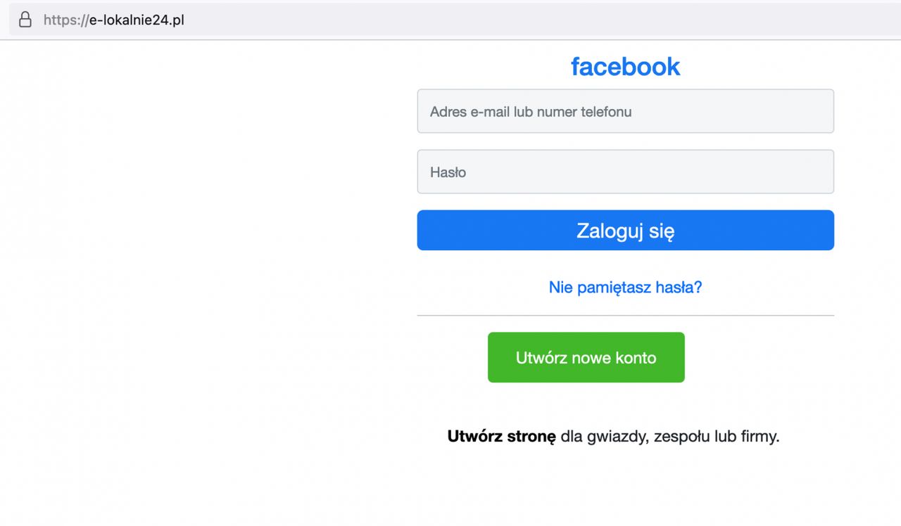 Fałszywy serwis wyłudzający dane logowania do Facebooka