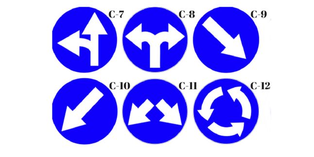 Nakaz jazdy prosto lub w lewo (C- 7); Nakaz jazdy w prawo lub w lewo (C- 8); Nakaz jazdy z prawej strony znaku (C- 9);Nakaz jazdy z lewej strony znaku (C-10); Nakaz jazdy z prawej lub z lewej strony znaku (C-11); Ruch okrężny (C-12).