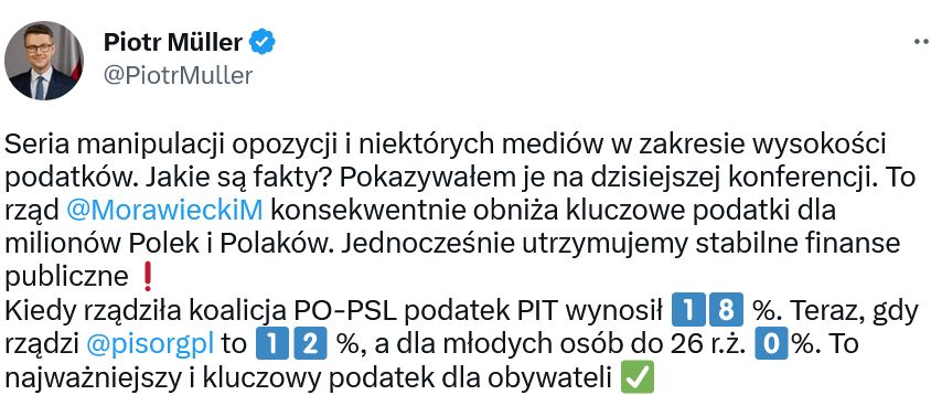 Rzecznik rządu, Piotr Müller zamieścił 23 marca br tweeta na którego odpowiedzieli podatnicy