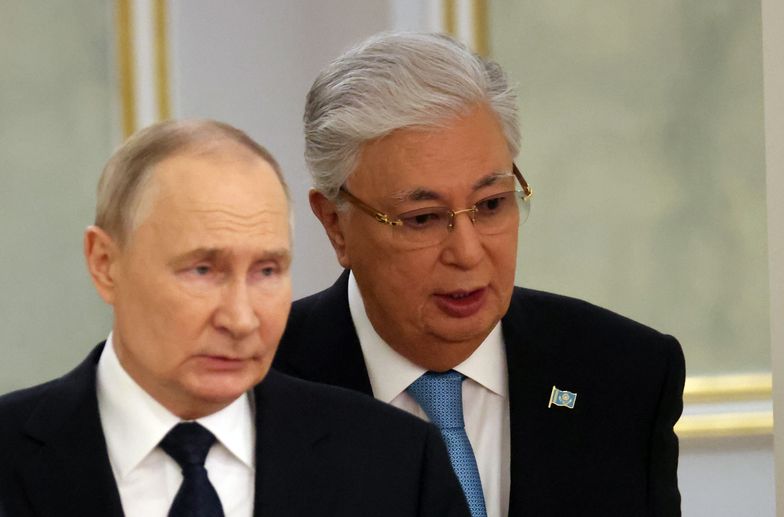 ASTANA, KAZAKHSTAN - NOVEMBER 27: (RUSSIA OUT) Russian President Vladimir Putin (L) and Kazakh President Kassym-Jomart Tokayev (R) enter the hall prior to their talks at the Ak Orda Presidential Palace, on November 27, 2024 in Astana, Kazakhstan. Putin is meeting with Kazakh counterpart Kassym-Jomart Tokayev in the capital, a day before he is expected to attend the Collective Security Treaty Organization (CSTO) summit in Astana. (Photo by Contributor/Getty Images)