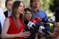 Agnieszka Dziemianowicz-Bak, Minister of Family, Labor and Social Policy, speaks during a press briefing on the shortened working time pilot in front of the Krakow City Office in Krakow, Poland, on July 2, 2025. (Photo by Klaudia Radecka/NurPhoto via Getty Images)
