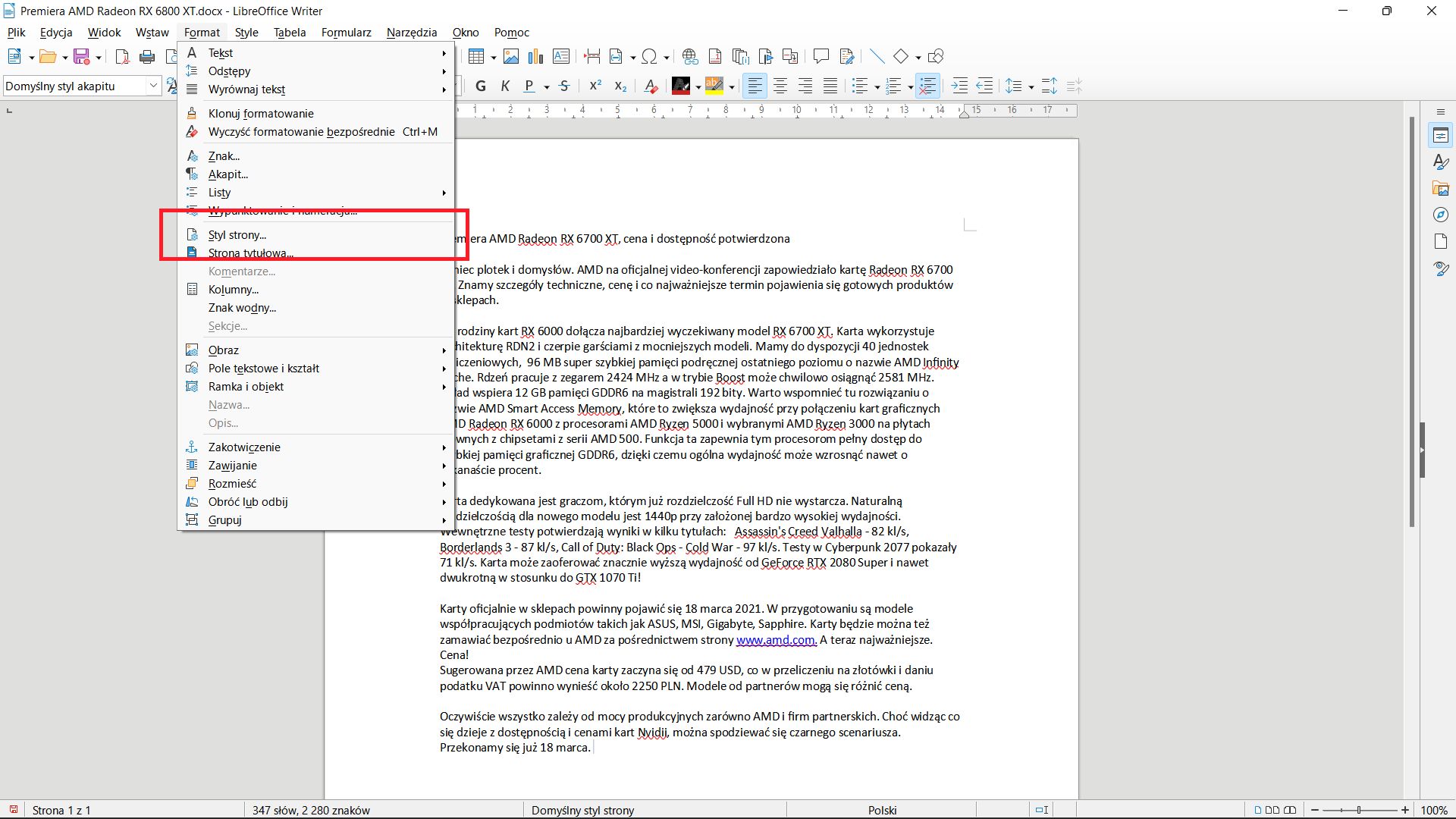 W celu zmiany orientacji strony wybieramy styl strony.