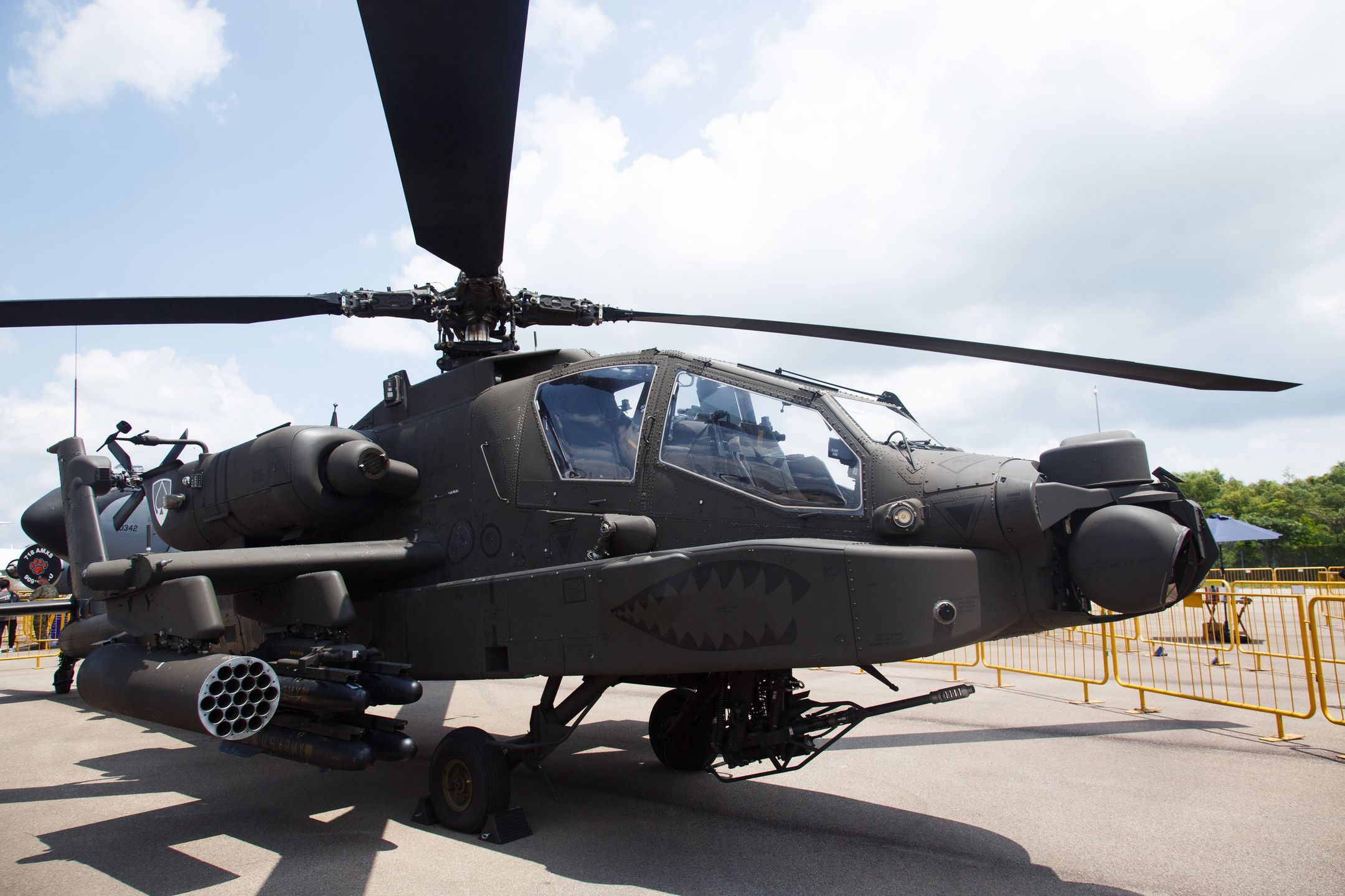 A US Air Force AH-64E Apache multi-role combat helicopter, manufactured by Boeing Co., on display during the Singapore Airshow in Singapore, on Wednesday, Feb. 21, 2024. The Singapore Airshow is Asia's most influential aerospace and defense exhibition. Photographer: Ore Huiying/Bloomberg via Getty Images