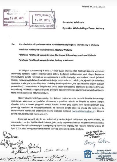 Wniosek sprzeciwu środowisk katolickich wobec festiwalu w Wieluniu