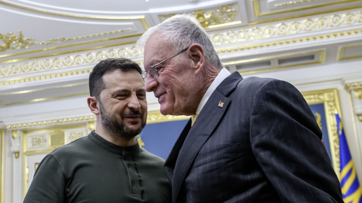 Ukrainian President Volodymyr Zelenskiy and U.S. President Donald Trump's special envoy, General Keith Kellogg, meet in Kyiv, Ukraine, on February 20, 2025. (Photo by Maxym Marusenko/NurPhoto via Getty Images)